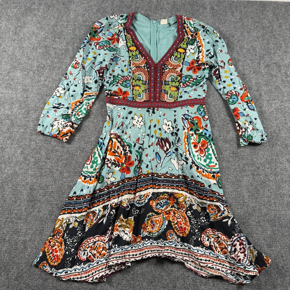 Akemi + Kin Dress Womens 12 Blue Floral Paisley Beaded V-Neck Boho Anthropologie